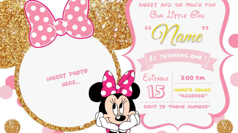 Gold and Pink Minnie Mouse Invitations