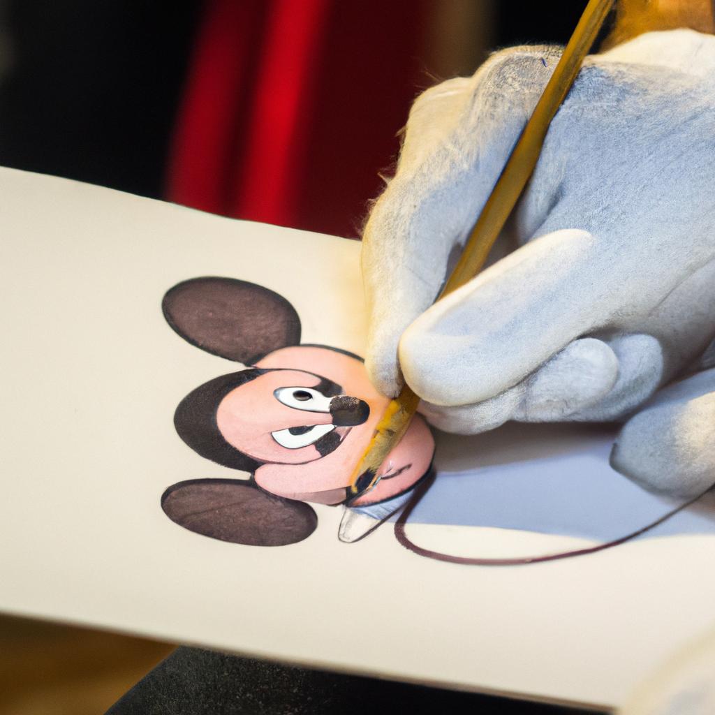 An artist sketching a Mickey Mouse drawing with pencil and paper.