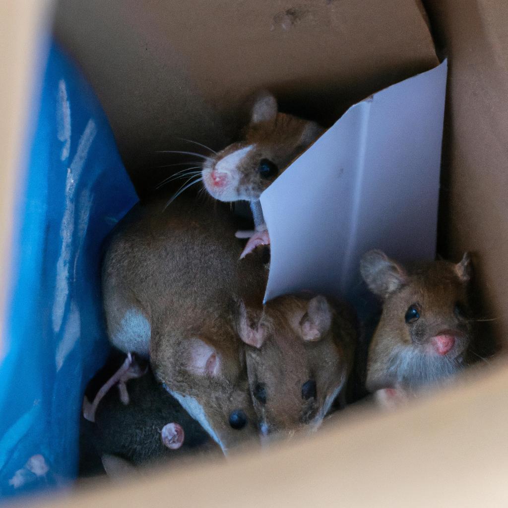 A cluttered storage box provides the perfect hiding spot for multiple mice.