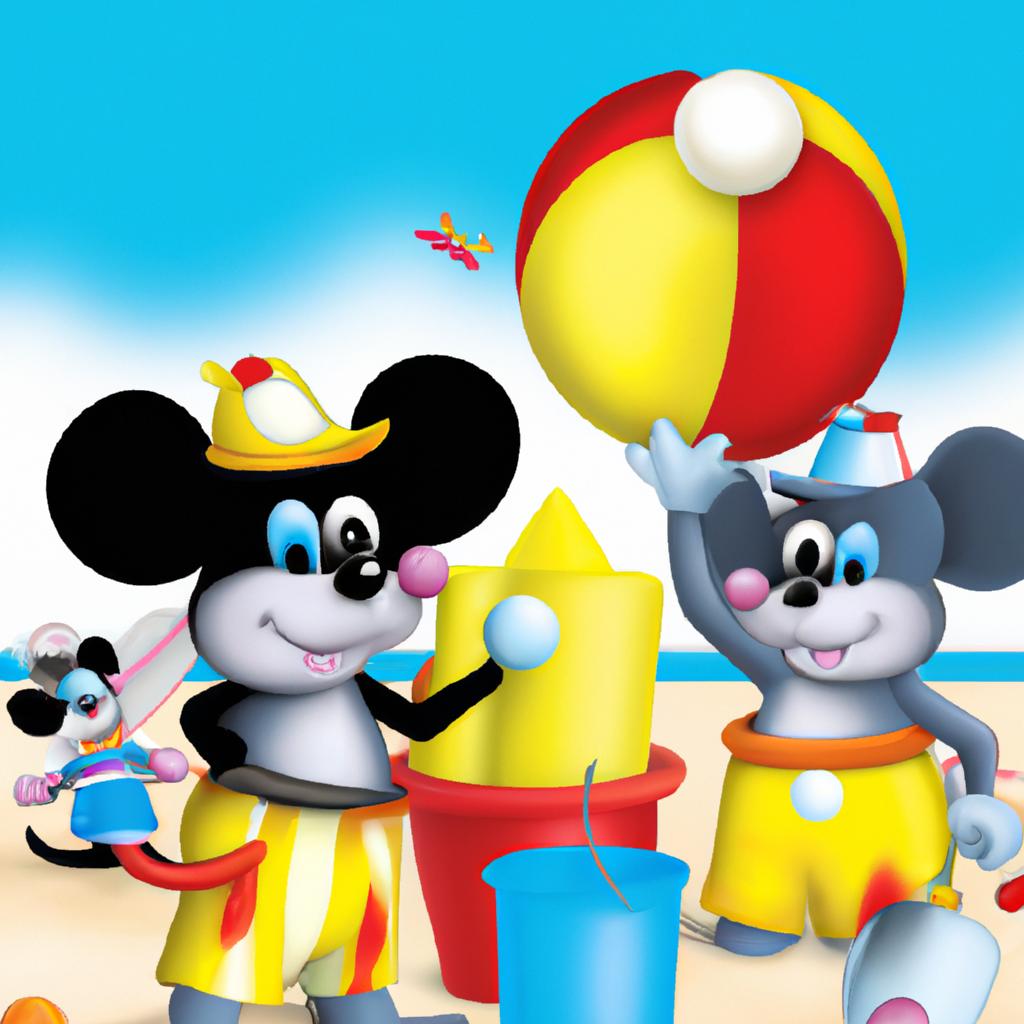 Mickey and friends having fun in the sun at the beach with sandcastles and beach balls