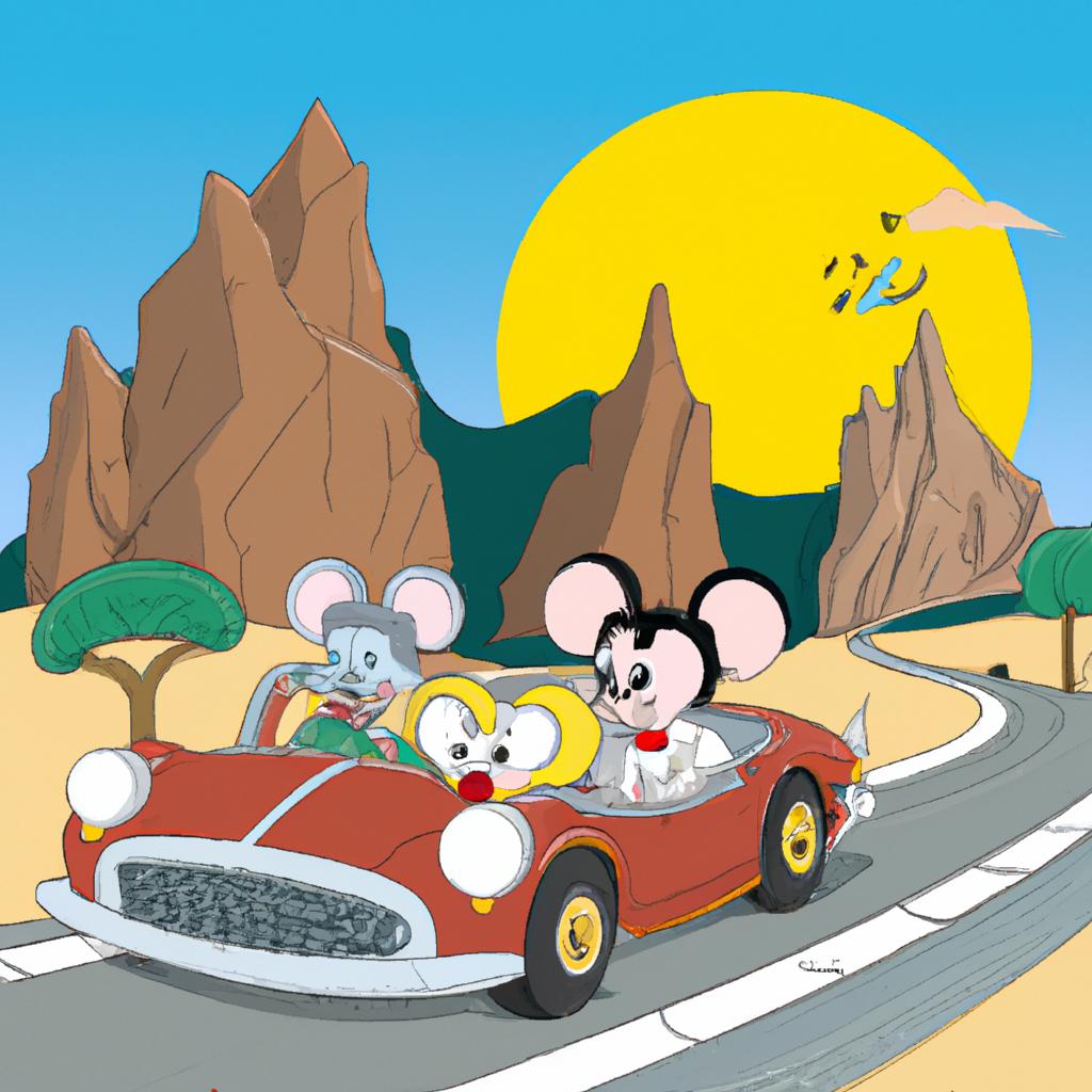Mickey and friends exploring new destinations with a classic car and scenic views