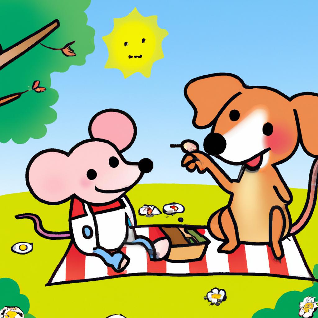 The talking mouse and his furry friend take a break from their adventures to enjoy a lovely picnic in the park.