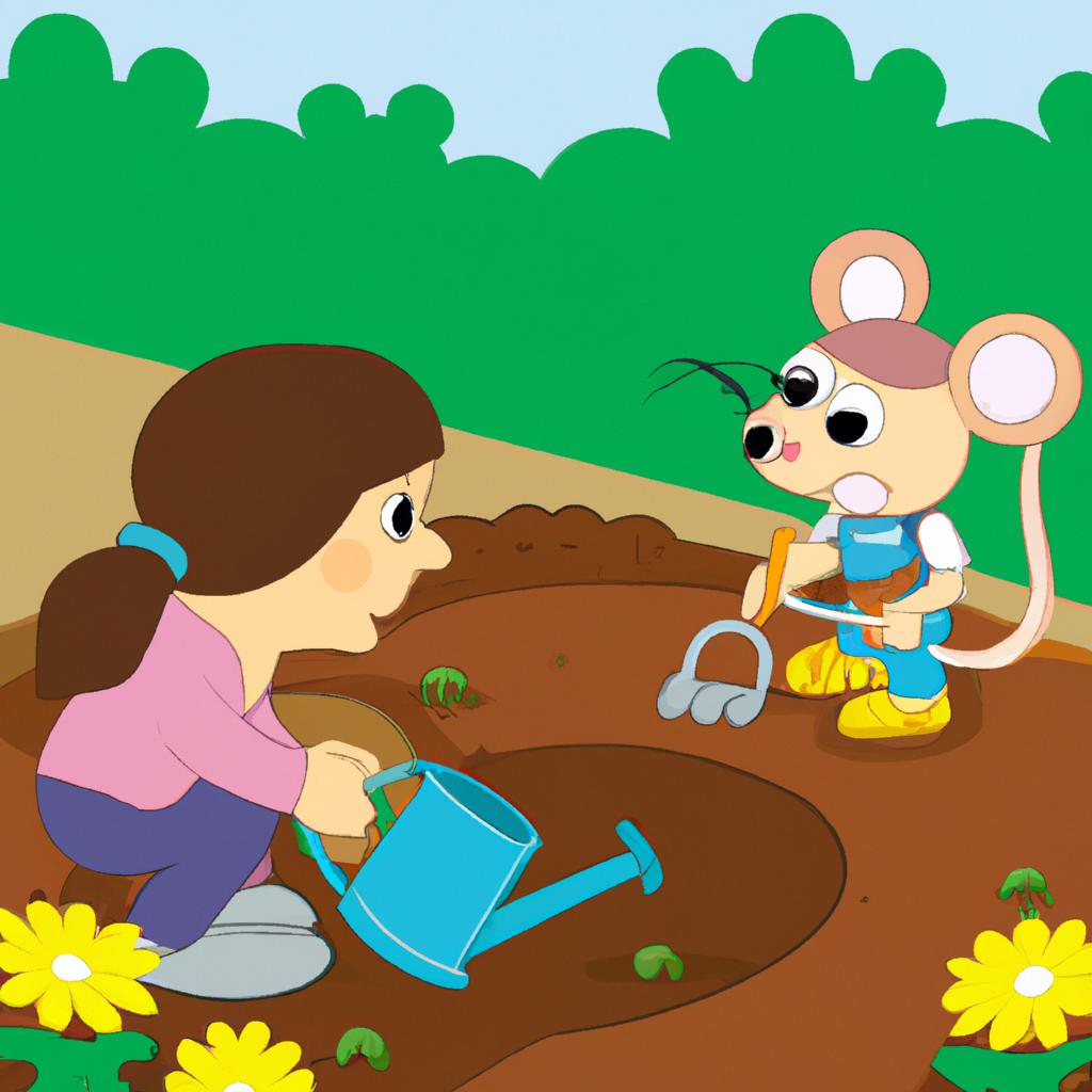 The mouse and child are learning about nature and gardening