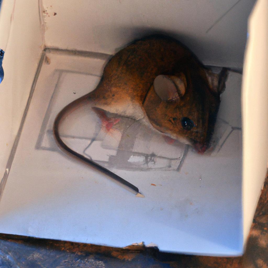 A mouse struggles to free itself from a glue trap inside a box.