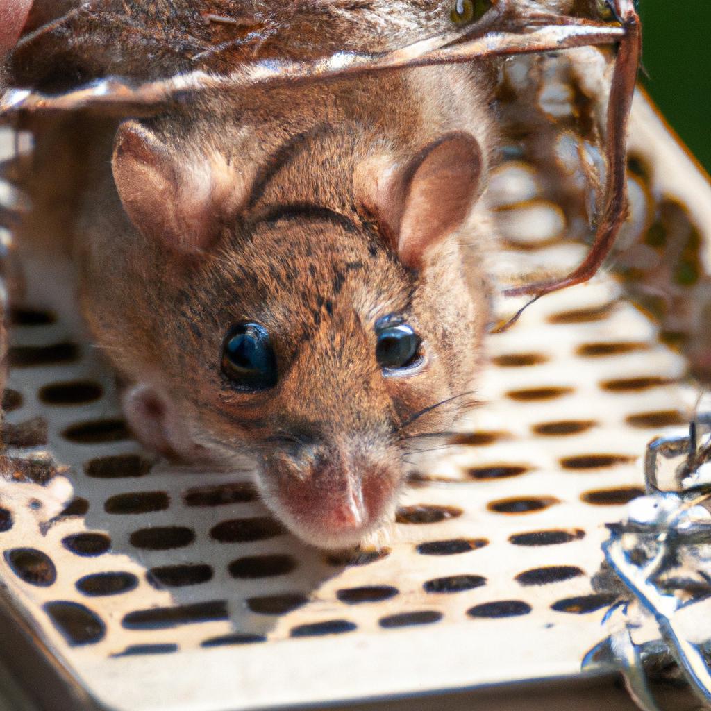 A person holds a live mouse caught in a humane trap.
