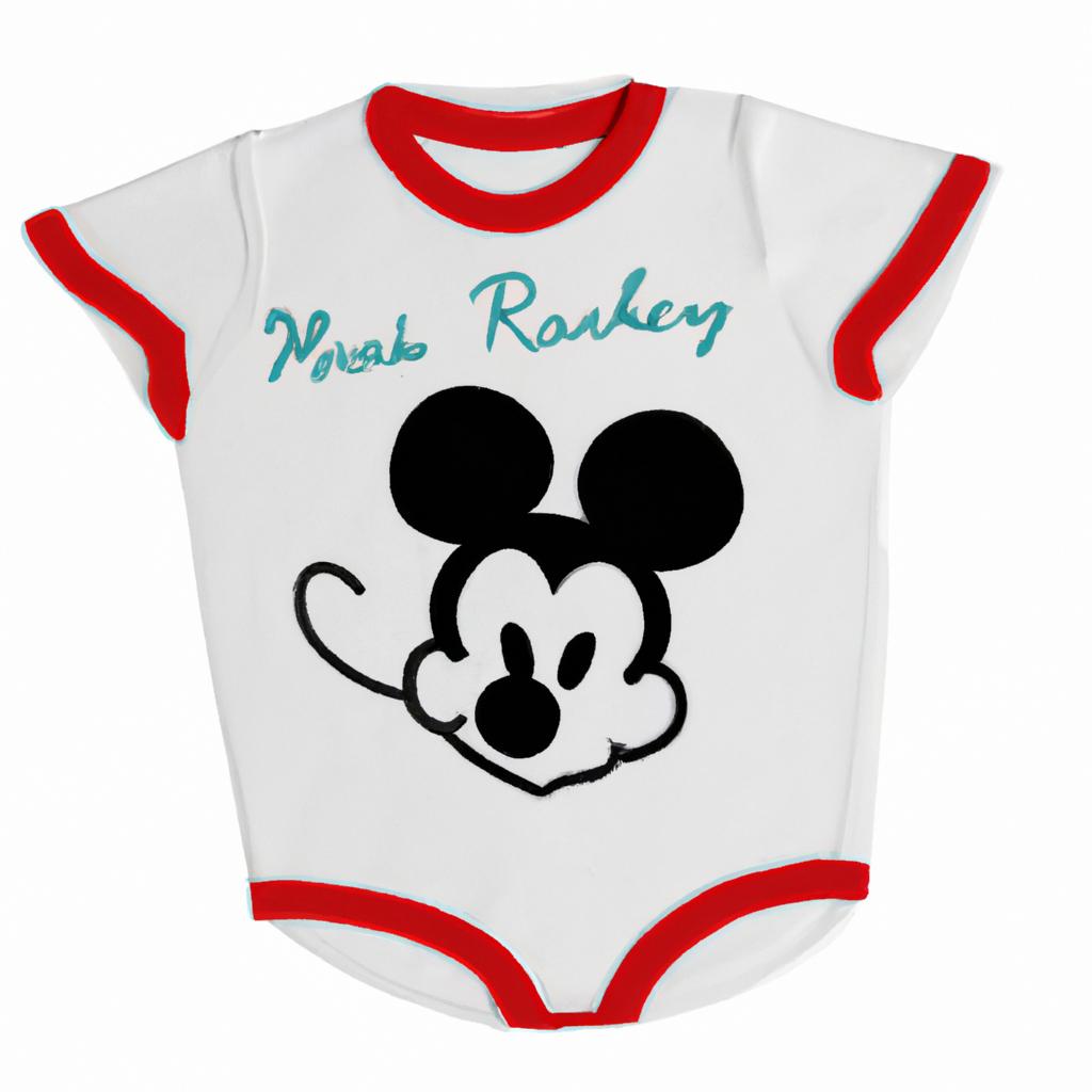 A cute Mickey Mouse design embroidered on a baby onesie.