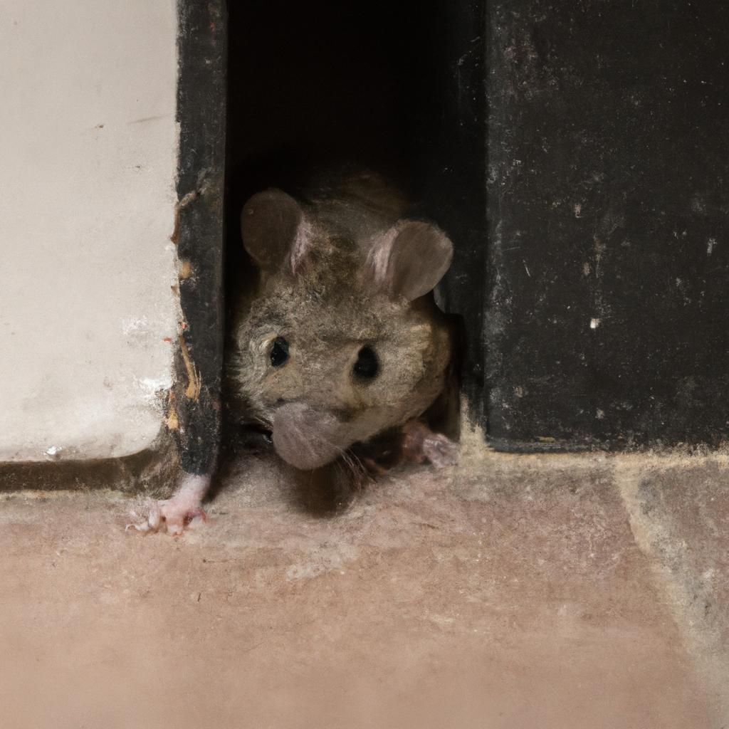 A close-up of a mouse attempting to fit through a small gap under a door to gain entry into a room.