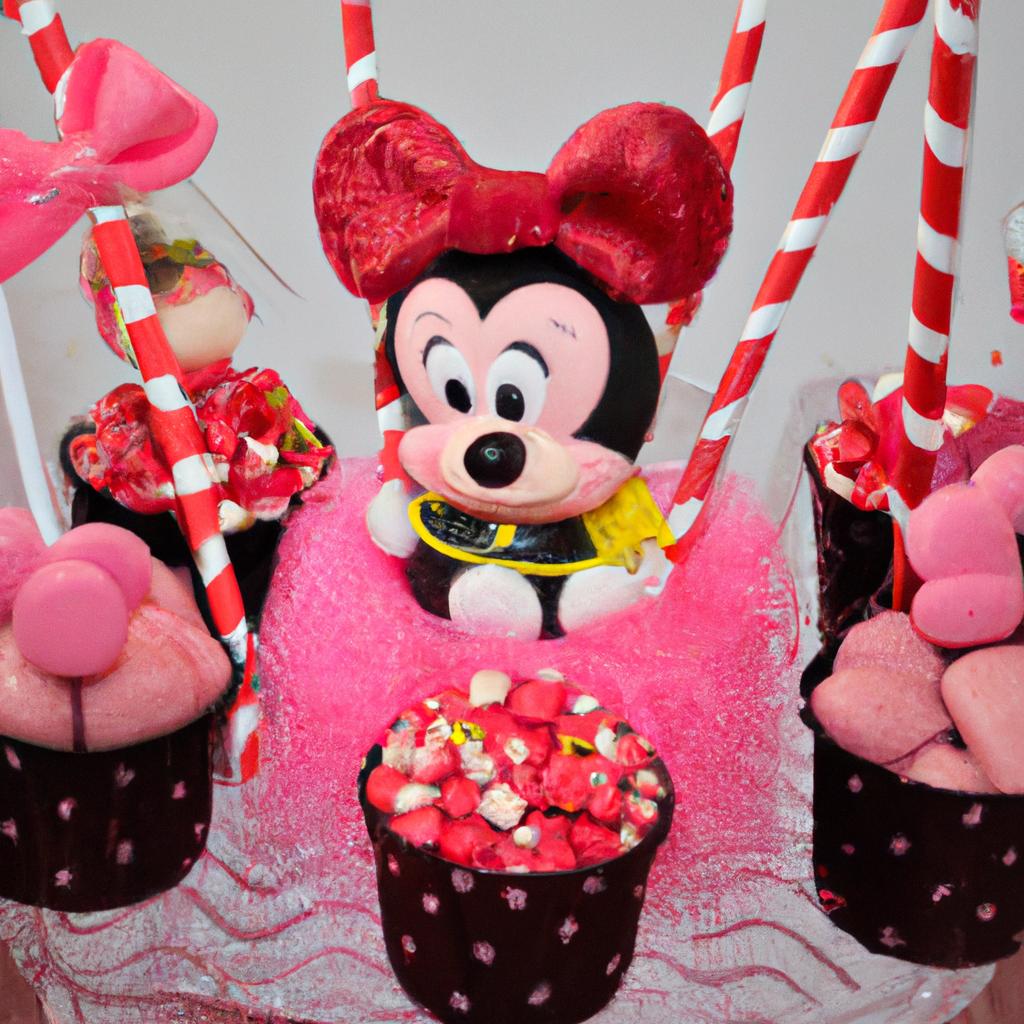 This Minnie Mouse centerpiece is a sweet treat for both the eyes and the taste buds with its cupcakes and candy design.