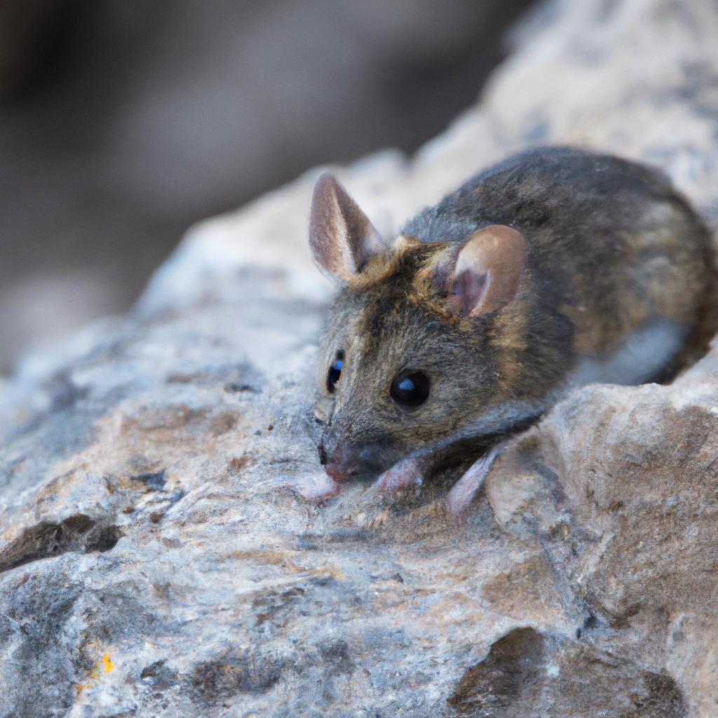 Dark-colored rock pocket mouse in rocky environment.