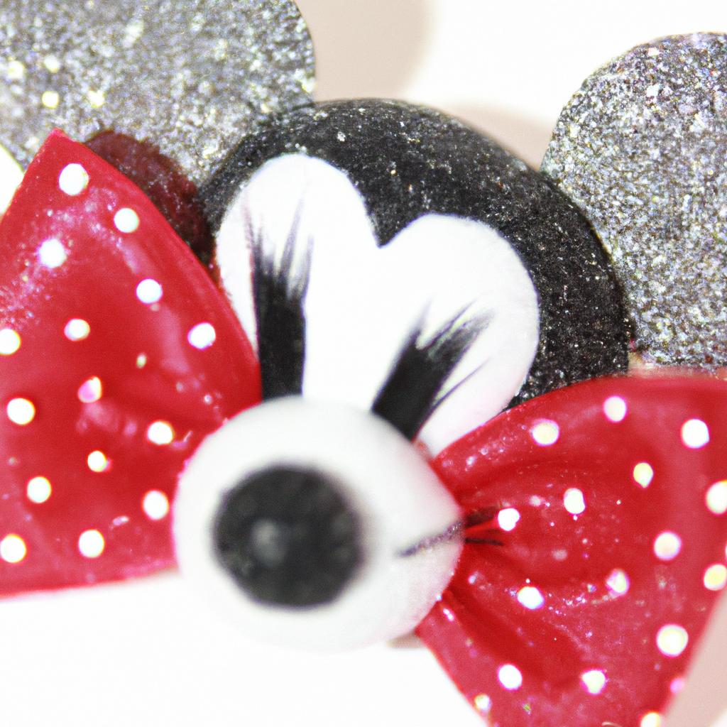 A sparkling Minnie Mouse face with a glittery bow and ears