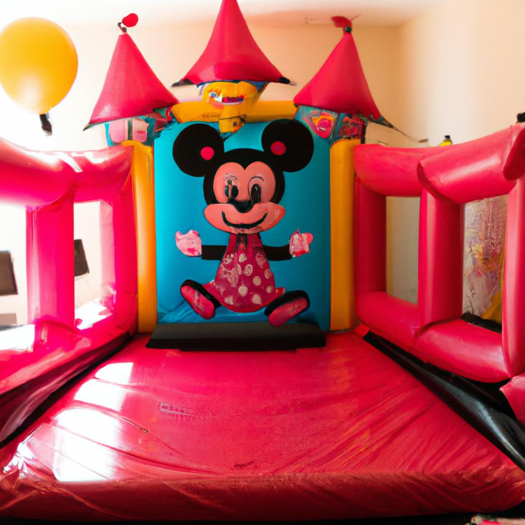 Indoor Minnie Mouse bounce house at a birthday party