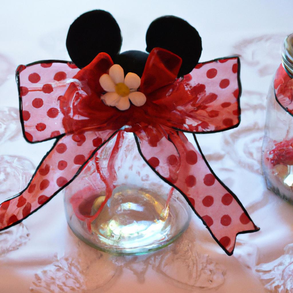 Mason jars and ribbon are transformed into a charming Minnie Mouse centerpiece perfect for any occasion.
