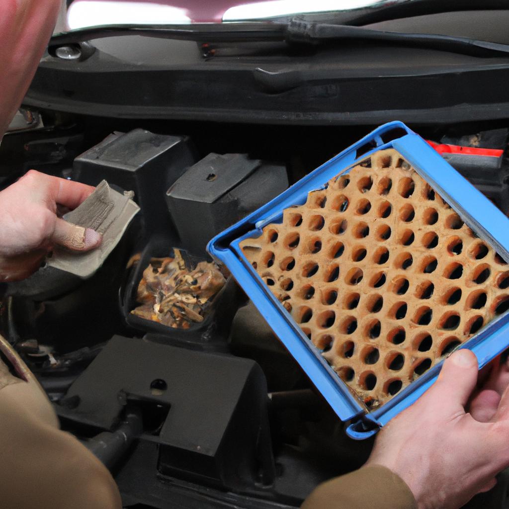 A mechanic removing a mouse nest from a car engine