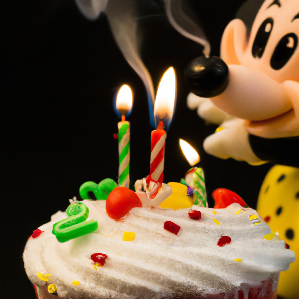 Mickey Mouse enjoying a birthday cupcake with a candle on top