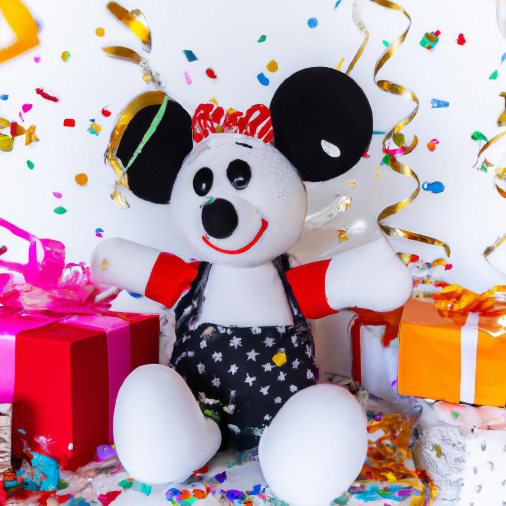 Mickey Mouse opening birthday presents surrounded by confetti