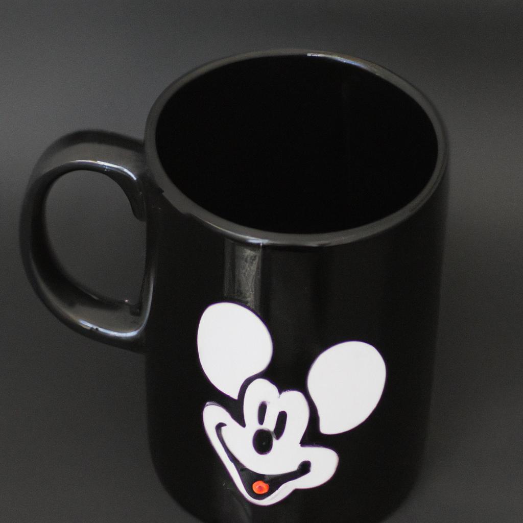 A sleek black coffee mug with an intricate Mickey Mouse Head SVG design