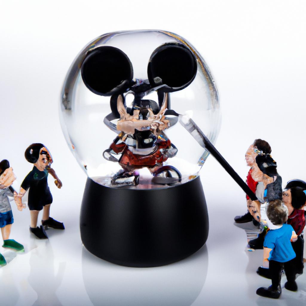 Collectors gather to admire the rare Mickey Mouse Metallic Funko Pop in a glass case.