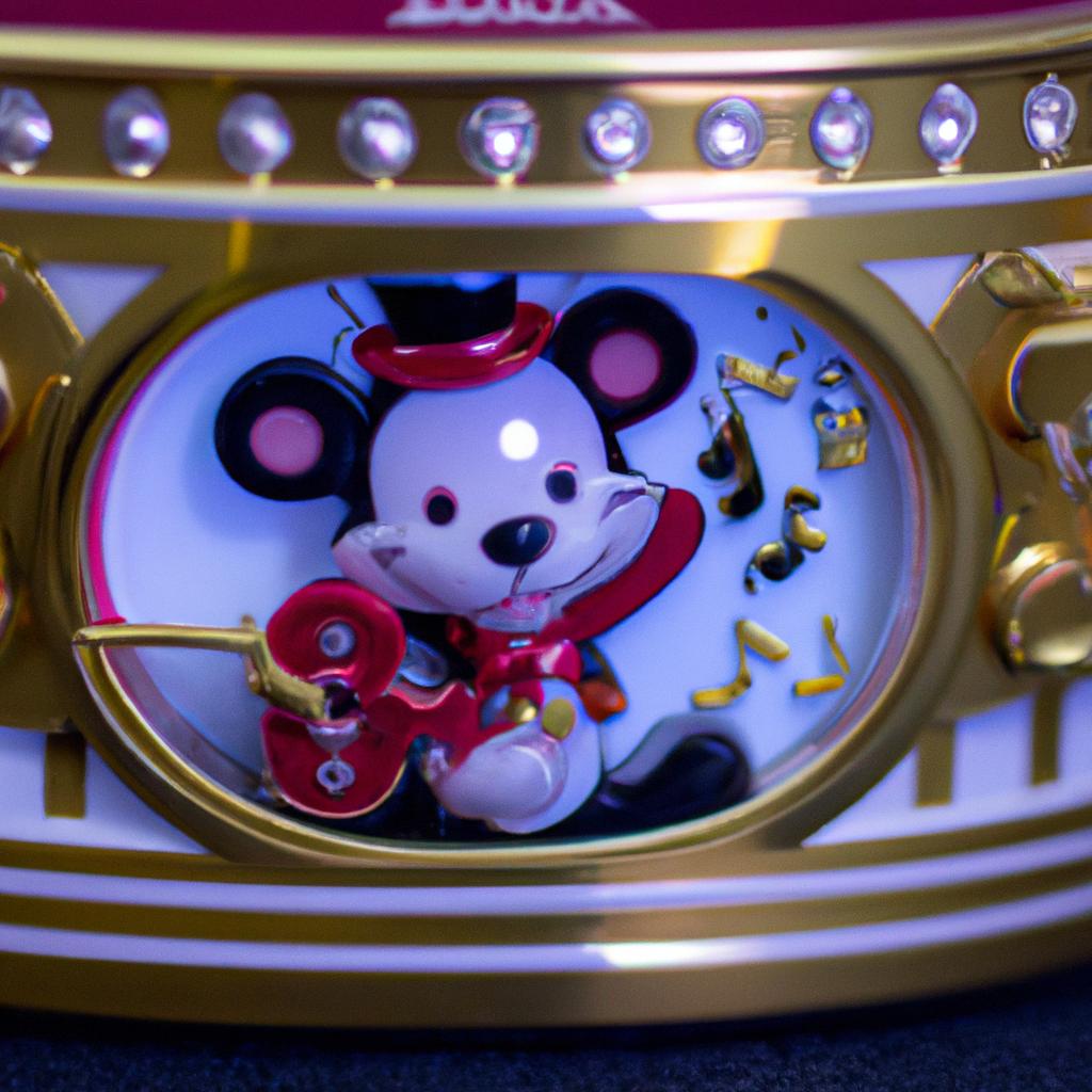 This close-up of a Mickey Mouse music box reveals the intricate details of its playful design