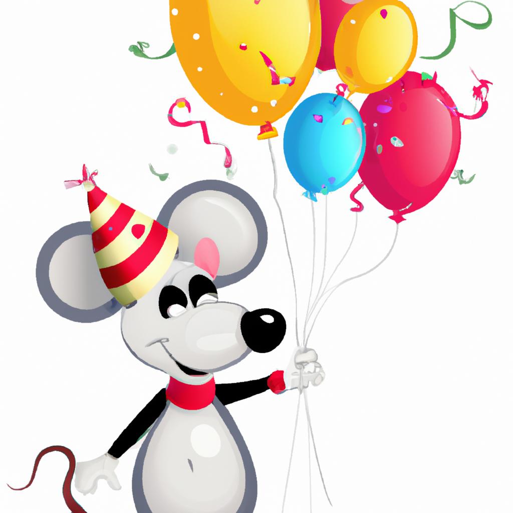 Mickey Mouse celebrating his birthday with a party hat and balloons