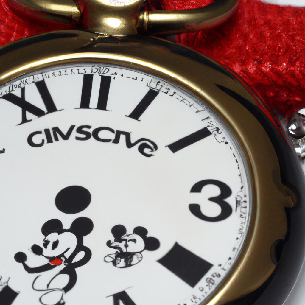 The vibrant red strap on this Mickey Mouse pocket watch adds a pop of color to any outfit.