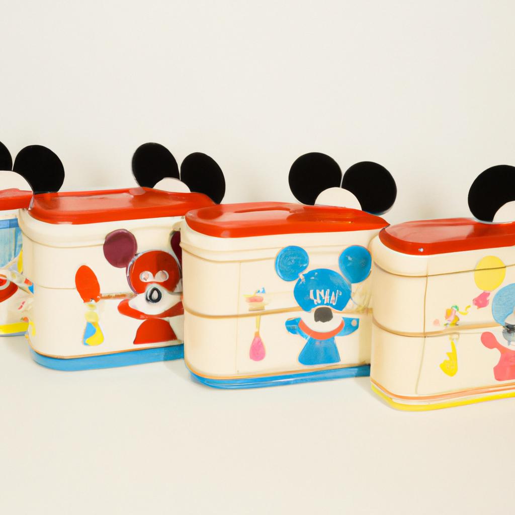This collection showcases the evolution of Mickey Mouse vintage lunch boxes from the 1950s to the 1980s.