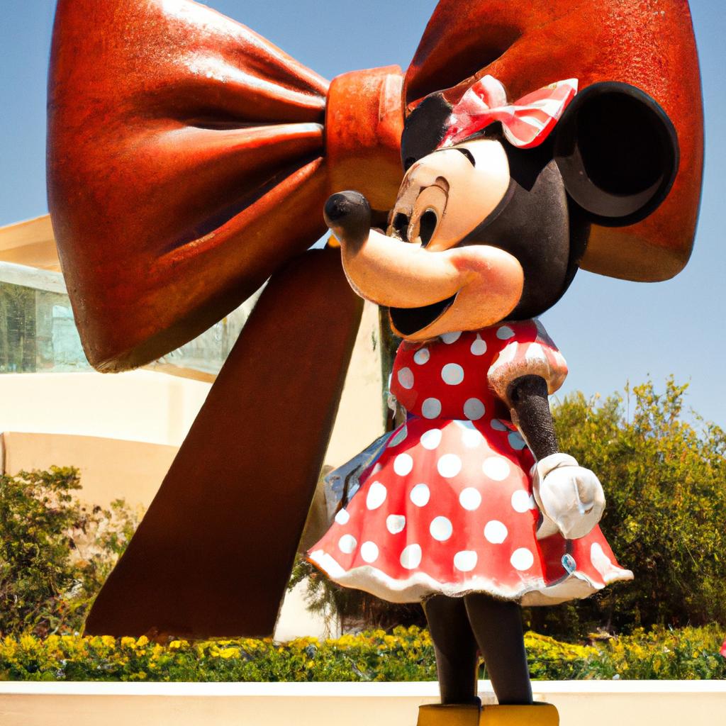 Minnie Mouse strikes a pose with her signature bow in front of a larger than life Minnie Mouse statue.