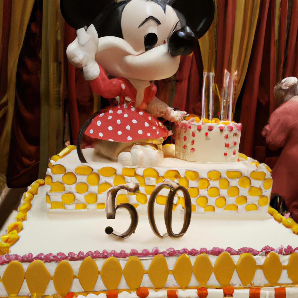 Minnie Mouse's 50th anniversary is a sweet celebration with a giant cake and candles to blow out.