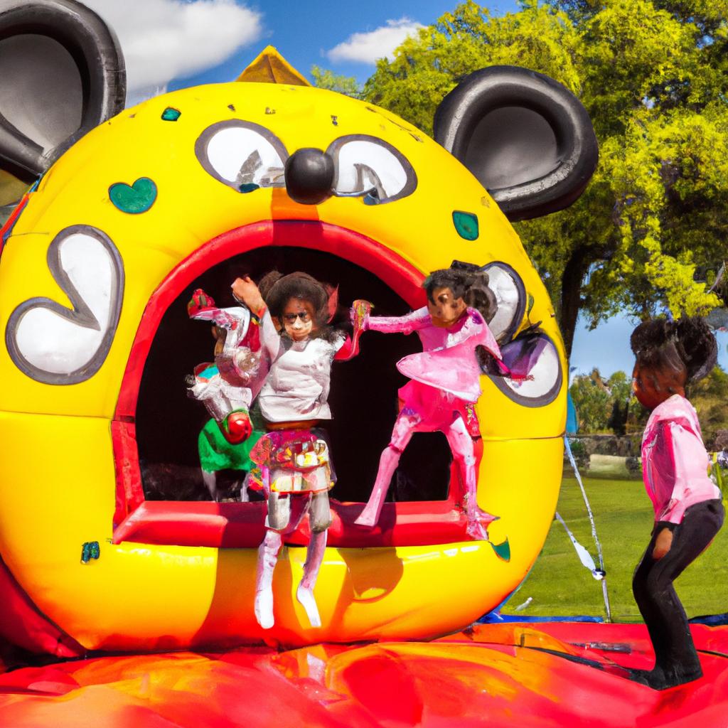 Kids having fun in a Minnie Mouse bounce house at a park