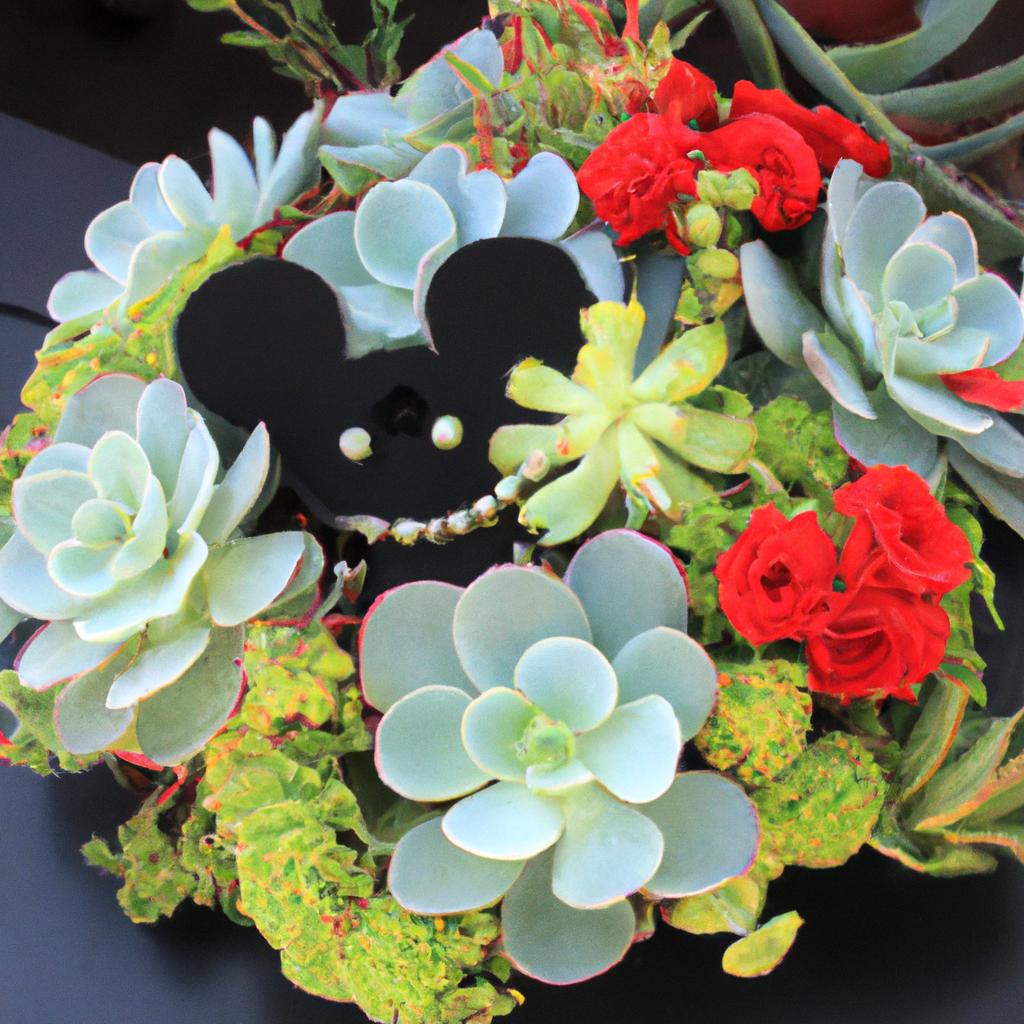 Succulents and roses give a modern twist to this Mickey Mouse flower arrangement.