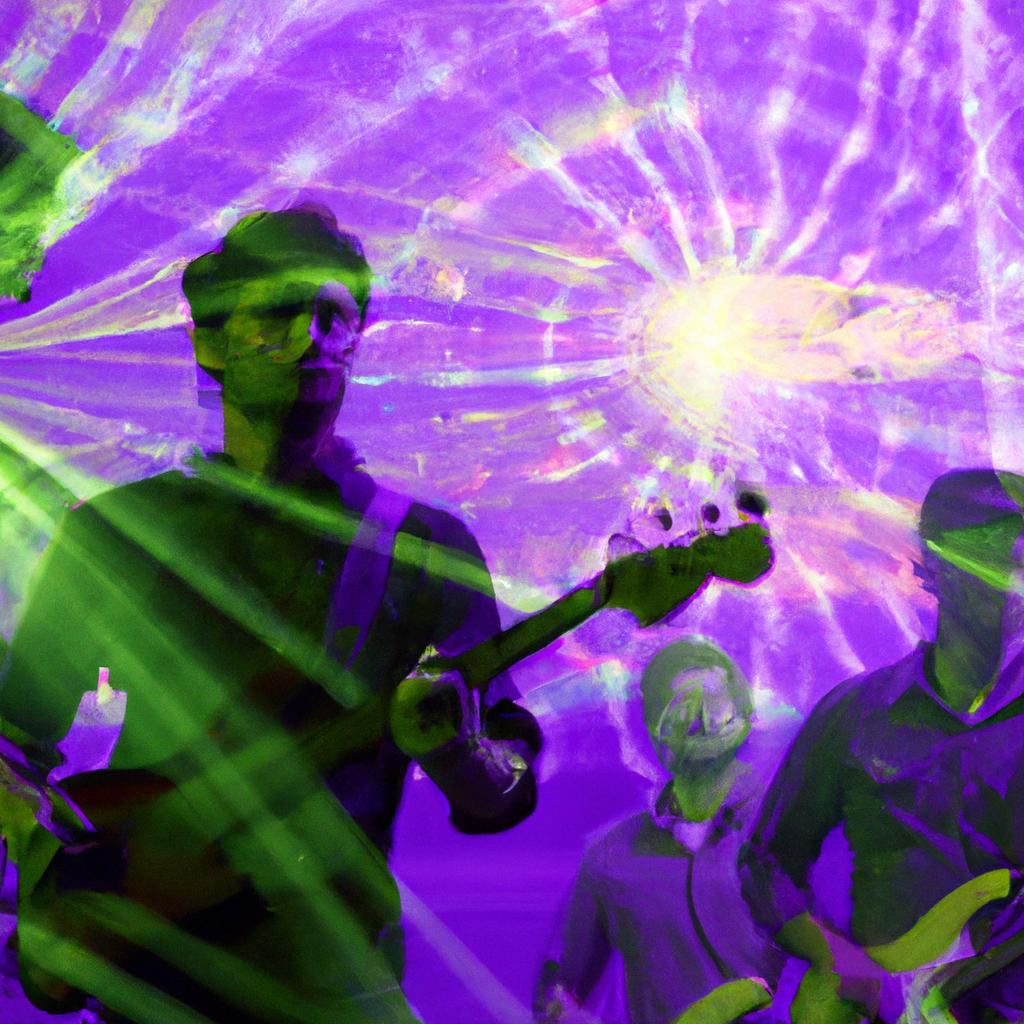 Modest Mouse performing in front of a holographic backdrop