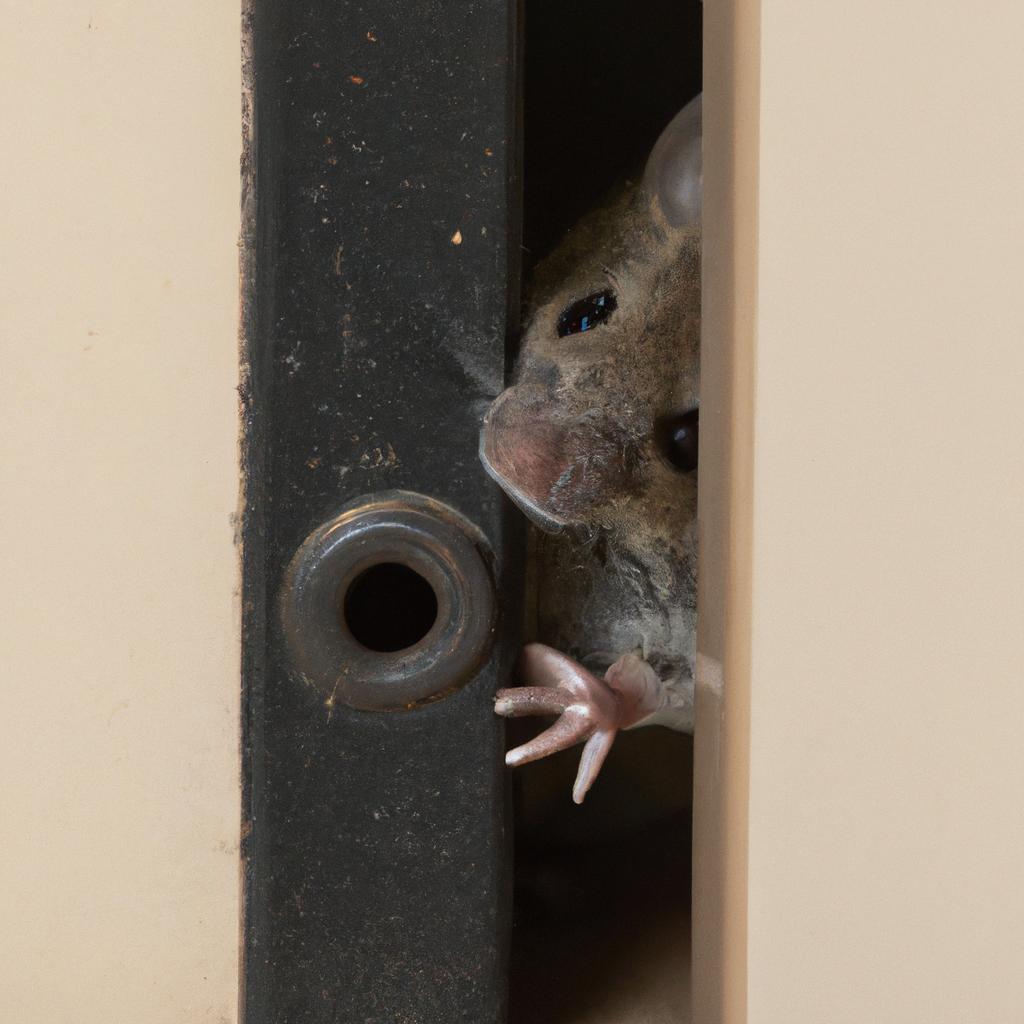 A determined mouse squeezing through a small gap in a door frame to enter a room.