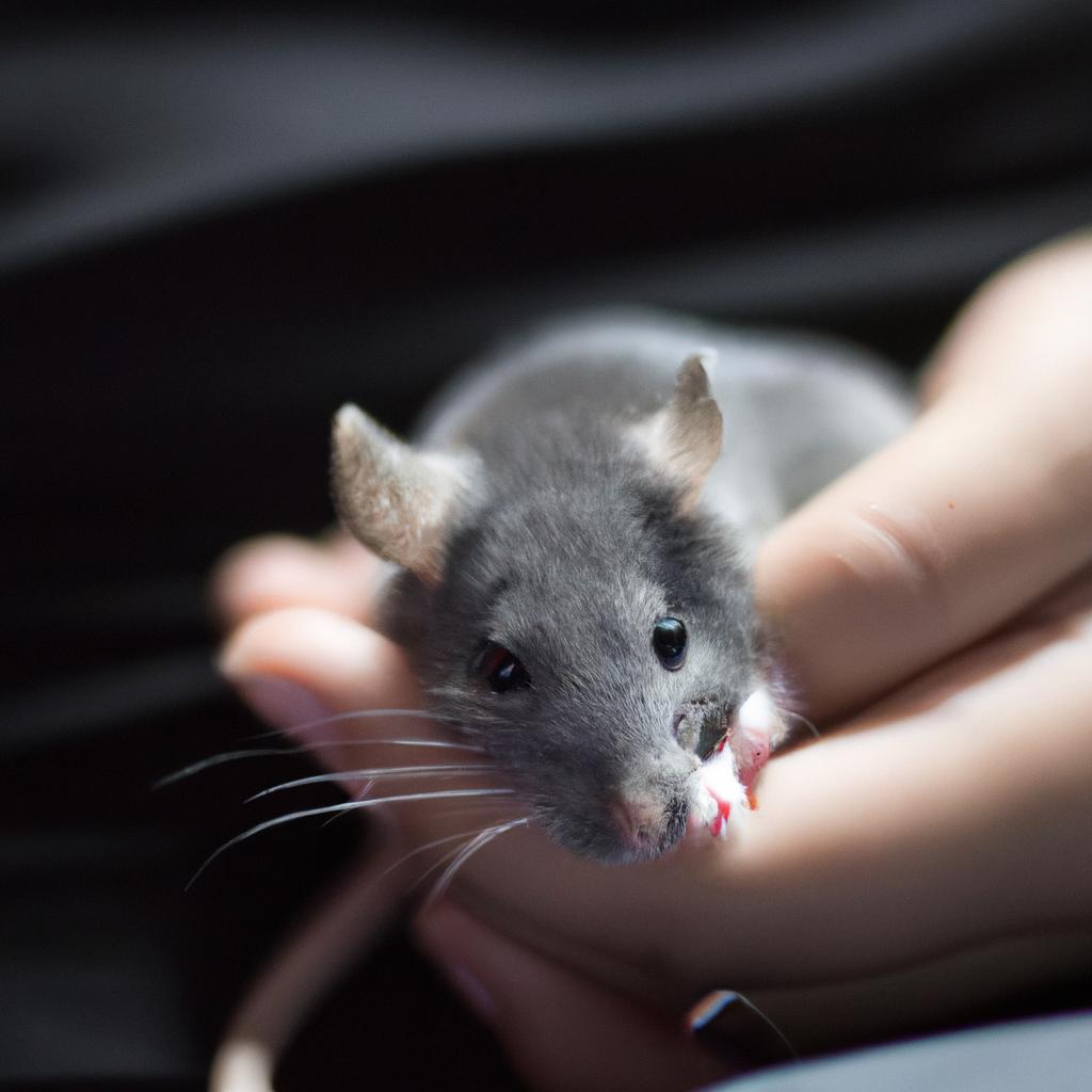 A person examining a grey mouse
