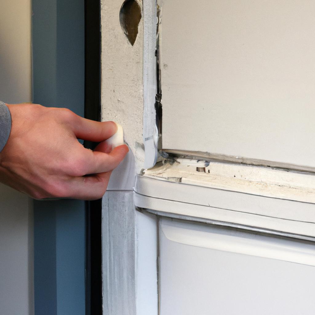 A person taking preventative measures to keep mice out of a room by sealing gaps around a door.